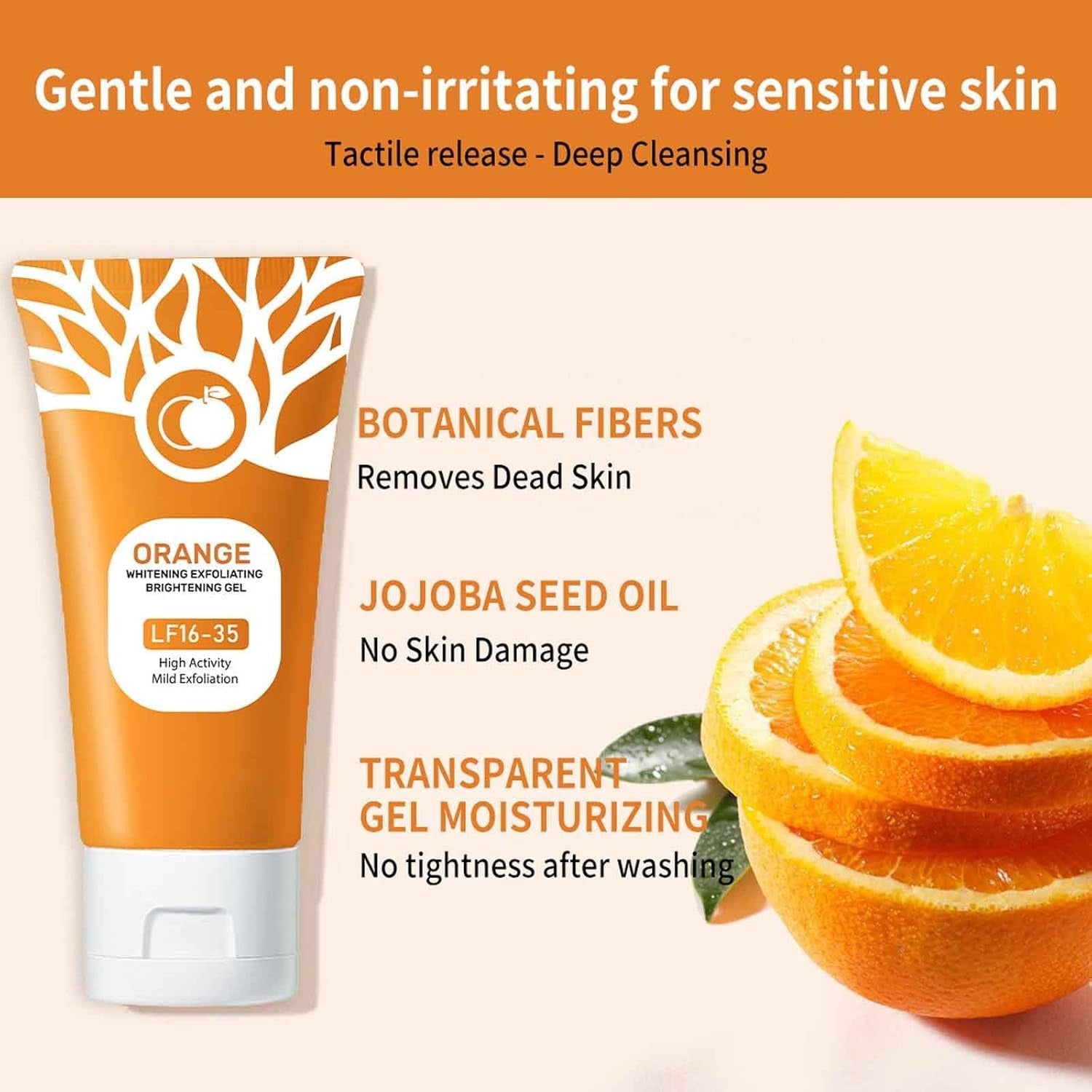Orange skincare product with botanical fibers and jojoba seed oil, featuring sliced oranges.