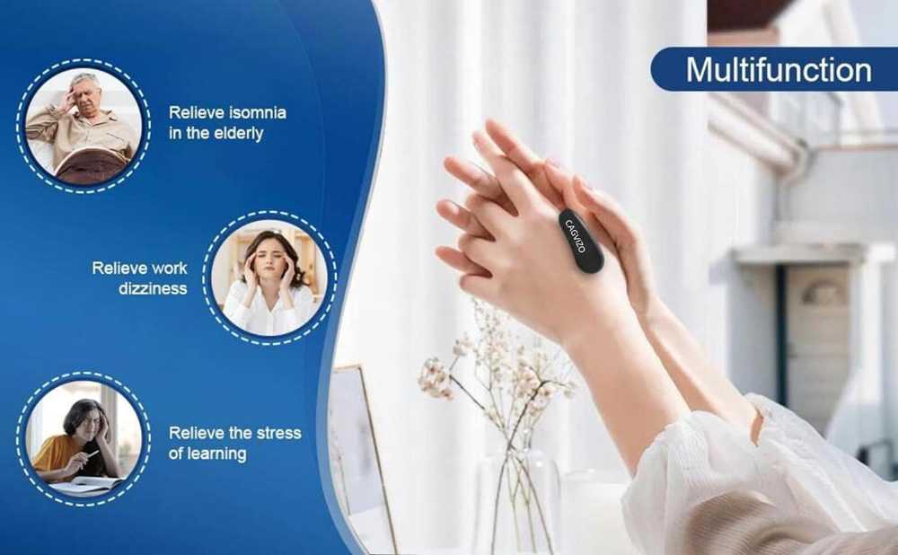 Hand wearing a device with text on a blue background