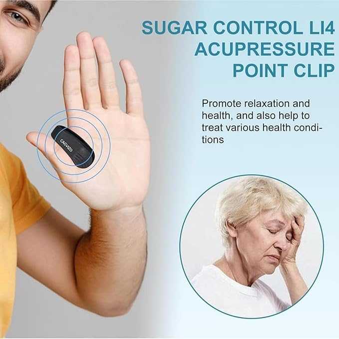 Person wearing a sugar control LI4 acupressure point clip on their wrist with text about its benefits.