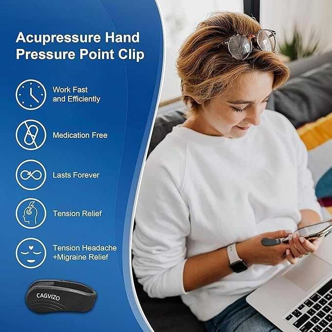 Woman using a laptop with an acupressure hand pressure point clip, featuring product benefits on a blue background.