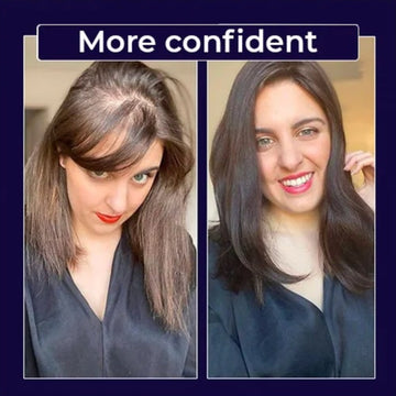 Advertisement showing before and after images of hair health with text on product effectiveness.