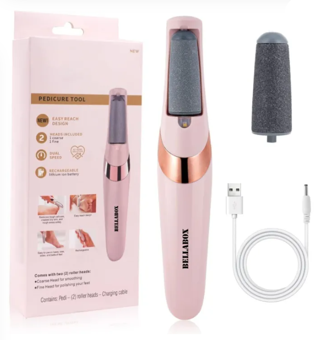 Pink pedicure tool with packaging, additional head, and charging cable on a white background
