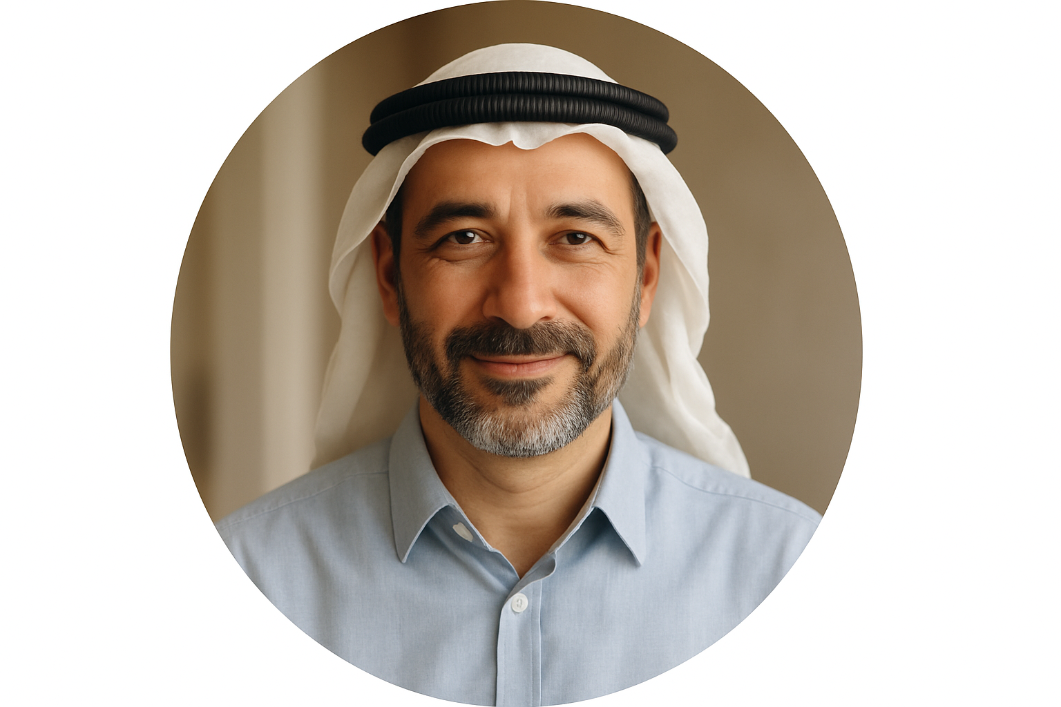 “Circular image of an Arab man in his late 40s, neat trimmed beard, business-casual shirt, calm smile, indoor soft lighting, realistic photography.”