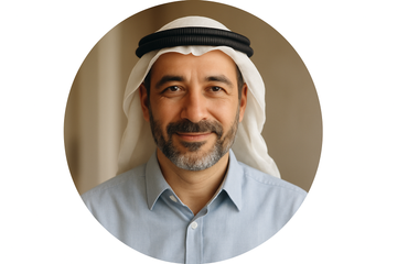“Circular image of an Arab man in his late 40s, neat trimmed beard, business-casual shirt, calm smile, indoor soft lighting, realistic photography.”