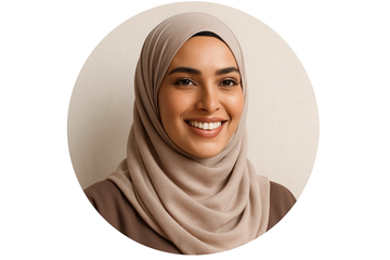 "Circular photo of a stylish Emirati woman in her late 20s, elegant hijab, natural makeup, bright smile, simple neutral background, high-resolution photorealistic."