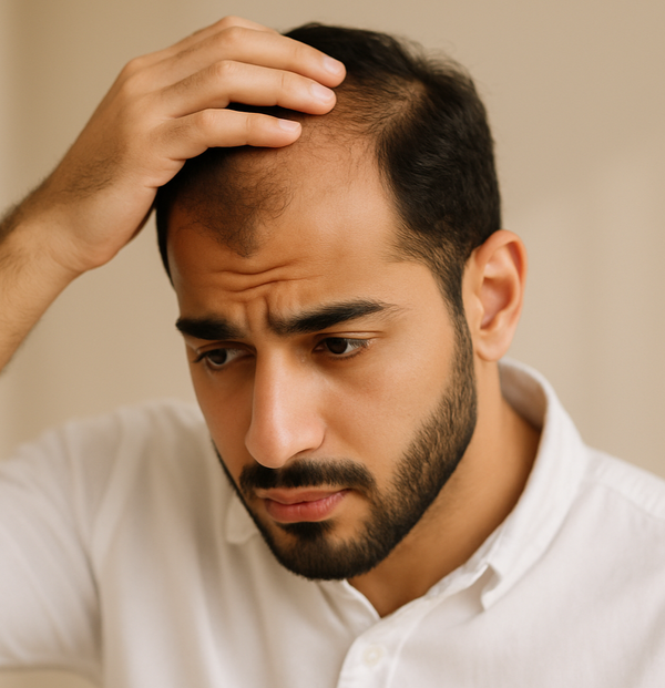 Man with a concerned expression, touching his head, against a neutral background