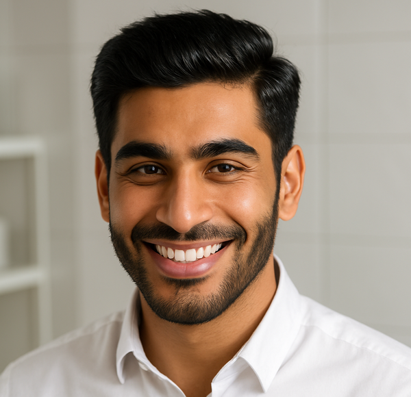 Man with a beard wearing a white shirt in a neutral setting