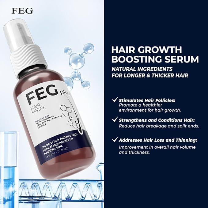 FEG hair growth boosting serum bottle with product details on a blue background