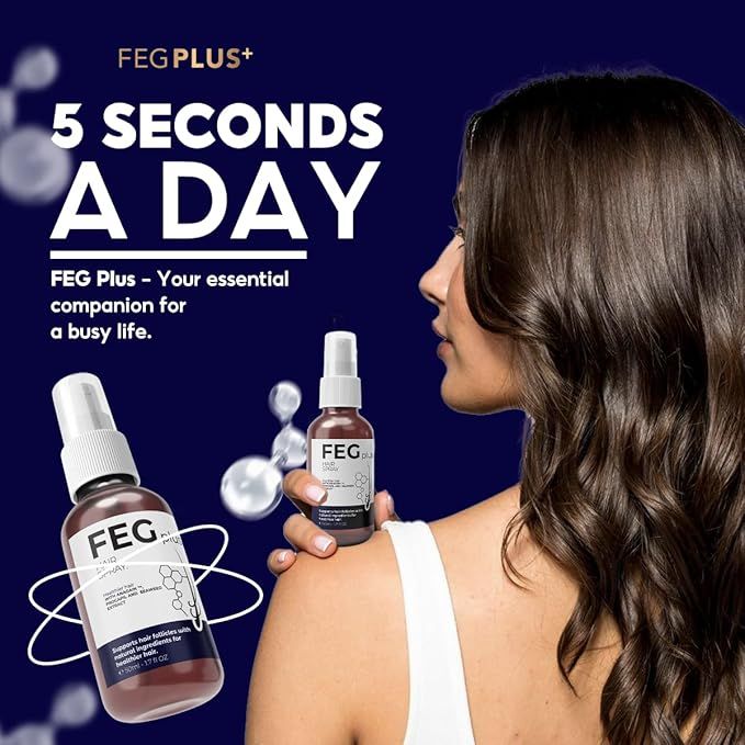 Woman holding FEG Plus hair care product with promotional text on a dark blue background