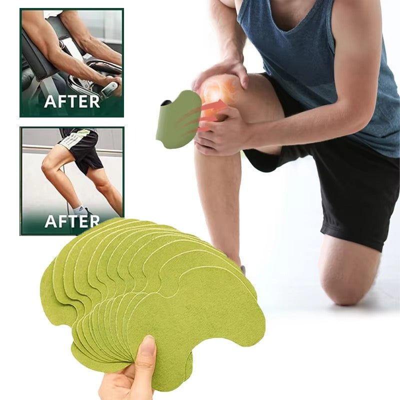 Green knee pads being used by a person with 'AFTER' images showing improved knee conditions.