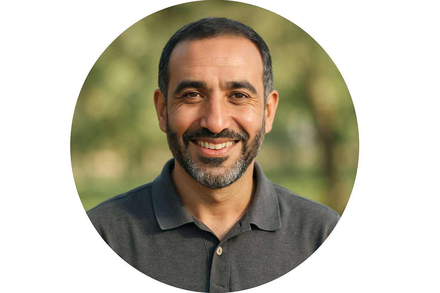 Round headshot of an Arab man in his 40s, short beard, casual polo shirt, outdoors with soft sunlight, genuine friendly expression, natural realism."