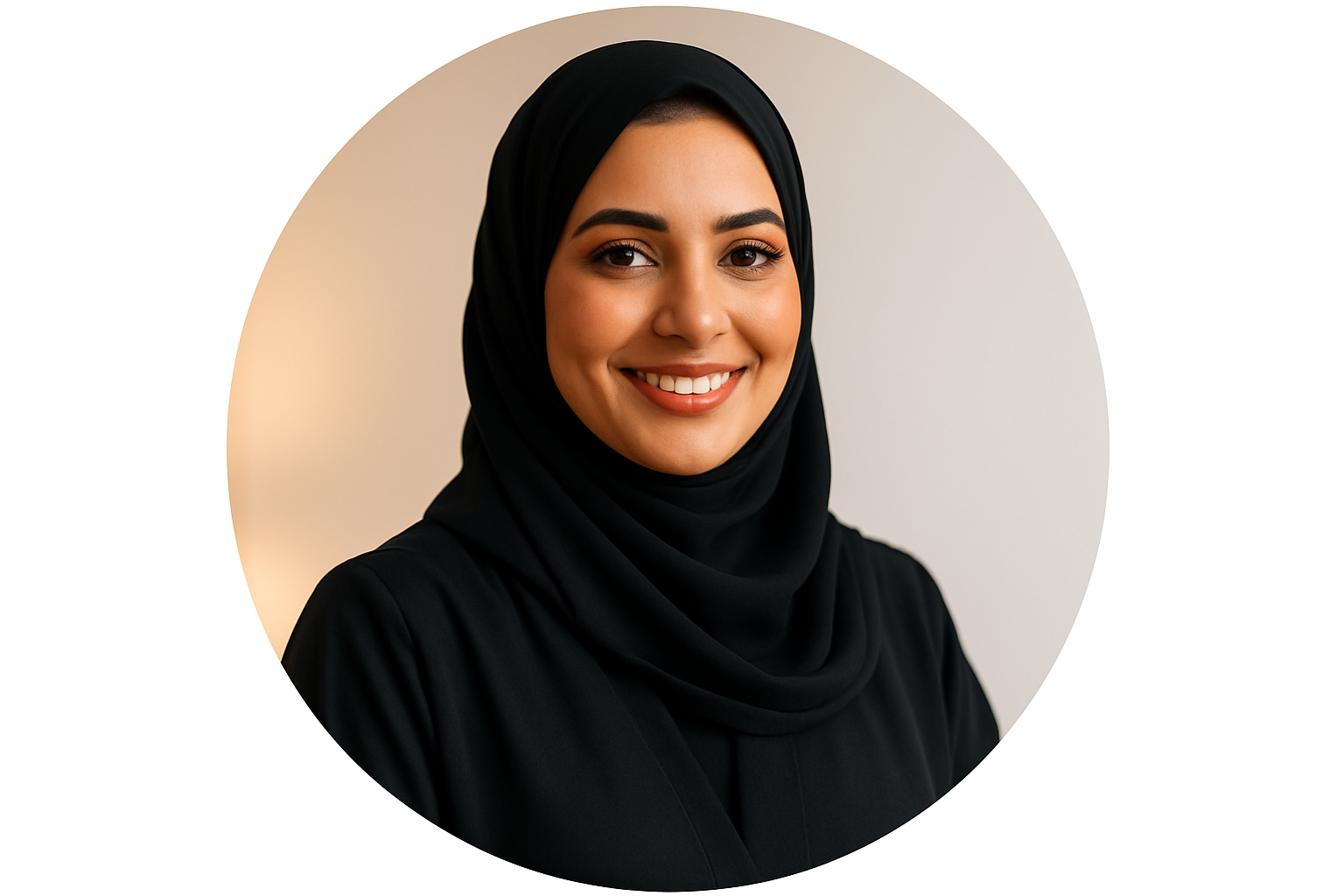 "Round portrait of a smiling Emirati woman in her early 30s, modern abaya, soft makeup, warm indoor lighting, clean white background, photorealistic."