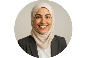 "Round professional headshot of an Arab woman in her mid-30s, office attire, light hijab, cheerful expression, clean minimal background, realistic portrait."