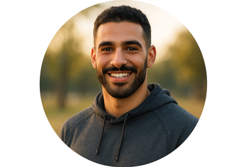 “Round profile picture of a sporty Arab man in his late 20s, fit build, casual sportswear, natural outdoor light, friendly expression, photo-realistic.”
